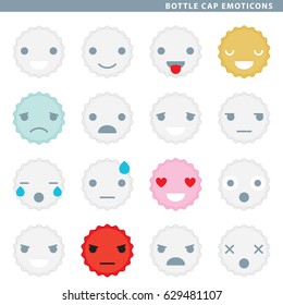 Set of bottle cap emoticons with sixteen different expressions.