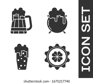Set Bottle cap with four leaf clover, Wooden beer mug, Glass of beer and Witch cauldron icon. Vector