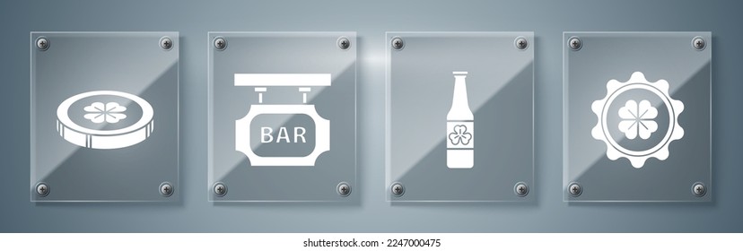 Set Bottle cap with four leaf clover, Beer bottle with four leaf clover, Street signboard with inscription Bar and Gold coin with four leaf clover. Square glass panels. Vector