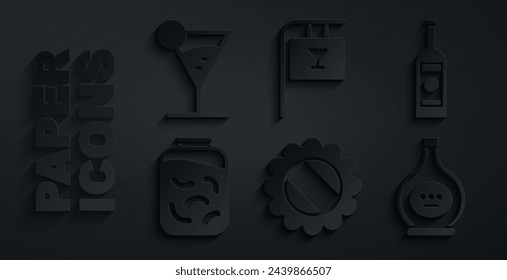 Set Bottle cap, Glass bottle of vodka, Pickled cucumbers in jar, cognac or brandy, Street signboard with Bar and Martini glass icon. Vector