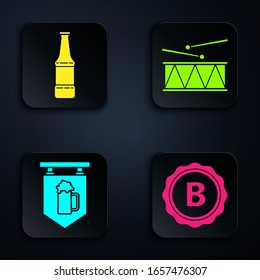 Set Bottle cap with inscription beer, Beer bottle, Street signboard with glass of beer and Musical instrument drum and drum sticks. Black square button. Vector