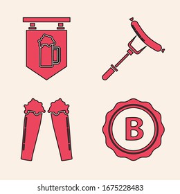 Set Bottle cap with inscription beer, Street signboard with glass of beer, Sausage on the fork and Glass of beer icon. Vector