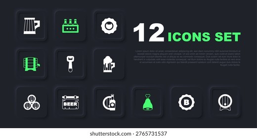 Set Bottle cap, Wooden barrel on rack, opener, Chicken leg, Street signboard with Beer, Pack of beer bottles and and wooden icon. Vector