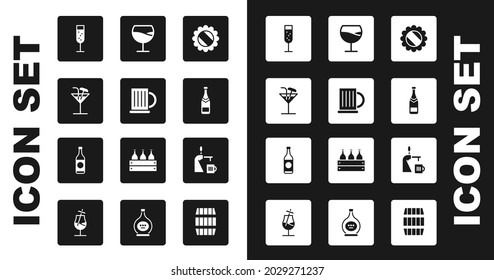 Set Bottle cap, Mug de cerveza de madera, Cocktail, Vidrio de champán, botella de champán, Vidrio, Grifo de cerveza e ícono. Vector