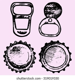 set of bottle caps, metal ring pull, doodle style, sketch illustration