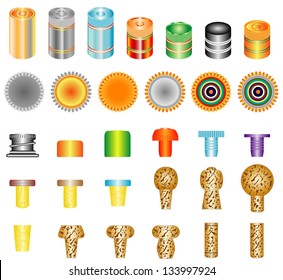 Set of bottle caps. Set of metal bottle tops in various colors. Champagne Corks. Collection of wine corks. Plastic bottle caps. Set of Plastic Bottle Caps for Vodka