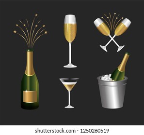 set bottle champagne with glass to celebrate holiday