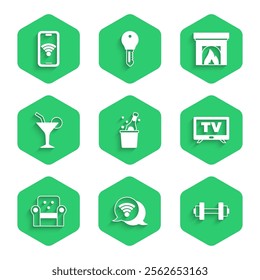 Set Bottle of champagne, Wi-Fi wireless internet, Dumbbell, Smart Tv, Armchair, Cocktail, Interior fireplace and Mobile with wi-fi icon. Vector