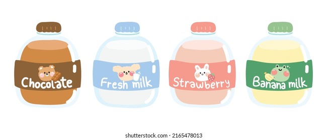 Set of bottle with chocolate,original,strawberry,banana milk lable.Animal face hand drawn.Baby cartoon.Kawaii.Vector.Illustration.