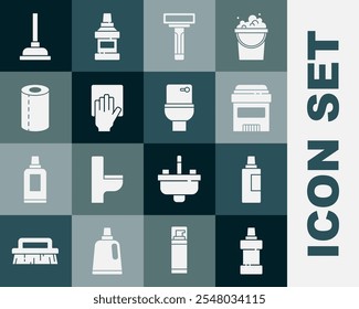 Set Bottle for cleaning agent, Antiperspirant deodorant roll, Shaving razor, Cleaning service, Paper towel, Rubber plunger and Toilet bowl icon. Vector