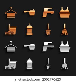 Set Bottle for cleaning agent, Basin with shirt, Feather broom, Toilet brush, Mop and bucket, Water tap, Towel on hanger and Washing powder icon. Vector