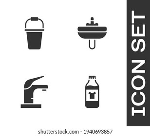 Set Bottle para agente de limpieza, Cubo, Grifo de agua e icono de lavabo. Vector