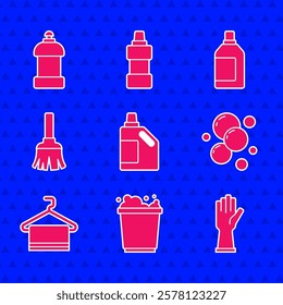 Set Bottle for cleaning agent, Bucket with foam, Rubber gloves, Soap water bubbles, Towel on hanger, Feather broom,  and  icon. Vector