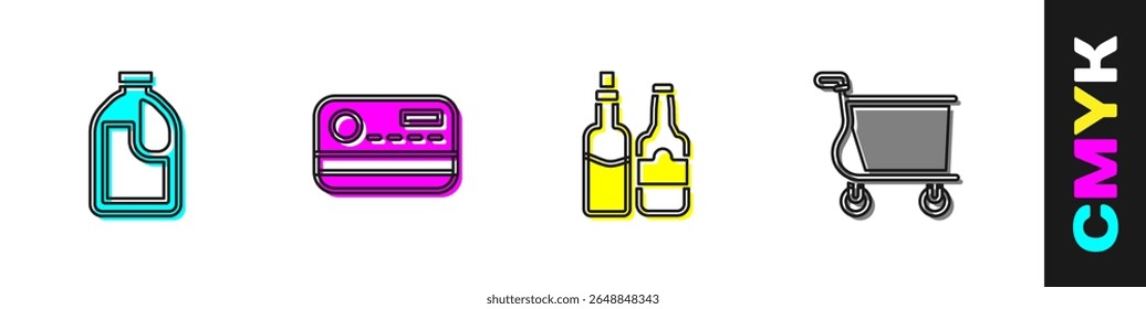 Set Bottle for cleaning agent, Credit card, Whiskey bottle and Shopping cart icon. Vector