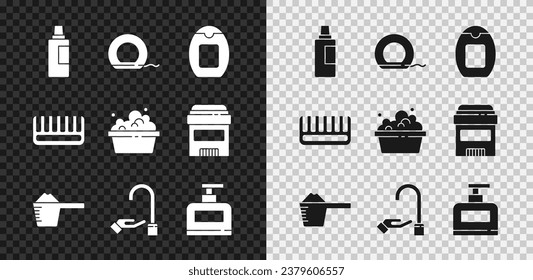 Set Bottle for cleaning agent, Dental floss, of shampoo, Washing powder, hands with soap, Hairbrush and Basin suds icon. Vector