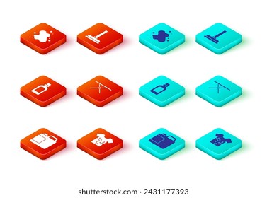 Set Bottle for cleaning agent, Dirty t-shirt, Ironing board, Rubber plunger and Water spill icon. Vector