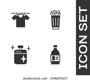 Set Bottle for cleaning agent, Drying clothes, Clean cooking pot and Full trash can icon. Vector