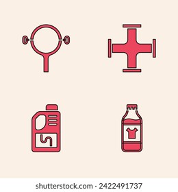 Set Bottle for cleaning agent, Filter wrench, Industry metallic pipe and Drain cleaner bottle icon. Vector