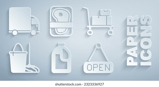Set Bottle para agente de limpieza, Camión y cajas de mano, Cubo de Mop, Signo de colgando con Abierto, Carne empaquetador de filete y icono de carga de la entrega. Vector