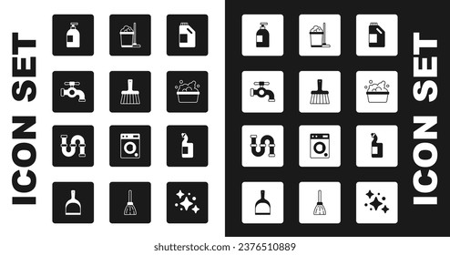 Set Bottle for cleaning agent, Handle broom, Water tap, Dishwashing liquid bottle, Basin with soap suds, Mop bucket,  and Industry metallic pipe icon. Vector