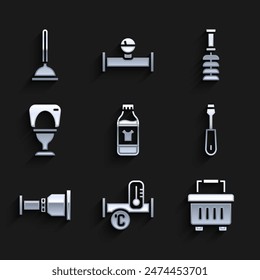 Set Bottle for cleaning agent, Industry metallic pipe, Toolbox, Screwdriver, Pipe adapter, Toilet bowl, brush and Rubber plunger icon. Vector