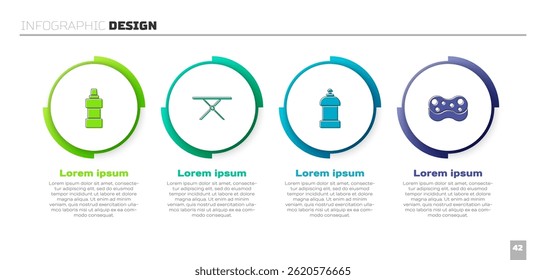 Fije la botella para el agente de limpieza, la tabla de planchar, y la esponja. Plantilla de infografía de negocios. Vector