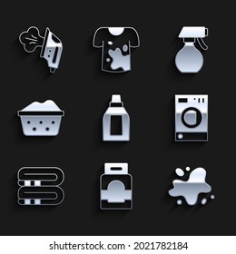 Set Bottle for cleaning agent, Laundry detergent, Water spill, Washer, Towel stack, Basin with soap suds, spray bottle and Electric iron icon. Vector