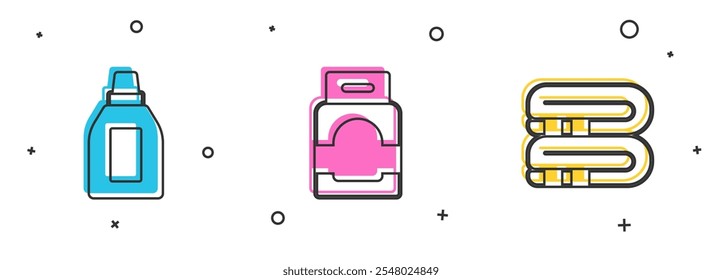 Set Bottle for cleaning agent, Laundry detergent and Towel stack icon. Vector