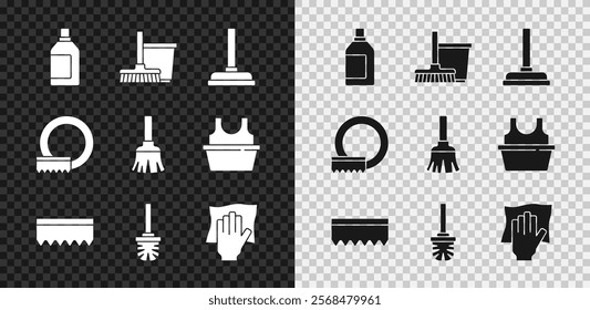 Set Bottle for cleaning agent, Mop and bucket, Rubber plunger, Sponge, Toilet brush, Cleaning service, Washing dishes and Feather broom icon. Vector