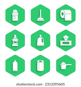 Set Botella para agente de limpieza, Rollo de toalla de papel, Polvo de lavado, Envase de peluca húmeda, Condón, Frasco de lavado de boquilla, Papel de aseo e icono del desodorante antiperspirante. Vector