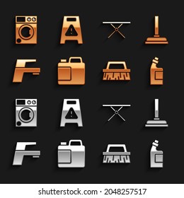 Set Bottle for cleaning agent, Rubber plunger, Brush, Water tap, Ironing board, Washer and Wet floor icon. Vector