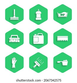Set Bottle for cleaning agent, Rubber cleaner windows, Washing powder, Sponge, gloves, Brush, Temperature wash and Handle broom icon. Vector
