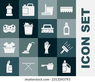Set Bottle for cleaning agent, Rubber cleaner windows, Mop and bucket, Bucket with foam, Sponge,  and Brush icon. Vector