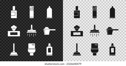 Set Bottle for cleaning agent, Shaving gel foam, Condom, Rubber plunger, Toilet bowl, Wet wipe pack and Shower head icon. Vector