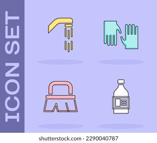 Set Bottle for cleaning agent, Shower head, Brush and Rubber gloves icon. Vector