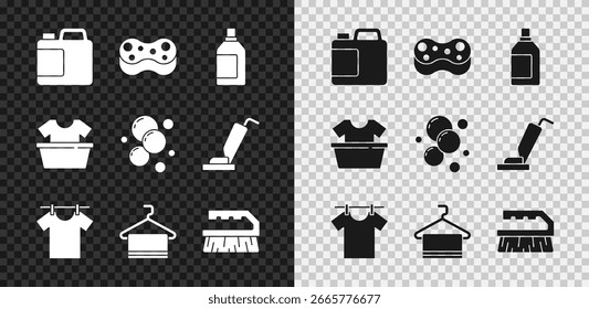 Set Flasche für Reinigungsmittel, Schwamm, Trocknen Kleidung, Handtuchhalter, Pinsel, Becken mit Hemd und Seifenwasserblasen Symbol. Vektorgrafik