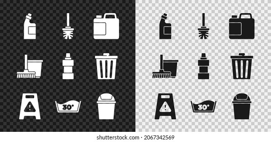 Set Bottle for cleaning agent, Toilet brush, Wet floor, Temperature wash, Trash can, Mop and bucket and  icon. Vector