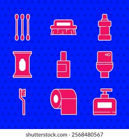 Set Bottle for cleaning agent, Toilet paper roll, of shampoo, bowl, Toothbrush, Wet wipe pack,  and Cotton swab ears icon. Vector