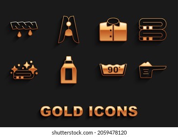 Set Botella para agente de limpieza, pila de toallas, polvo de lavado, lavado de temperatura, camiseta, ropas de apretón y icono de vástago de ropa. Vector
