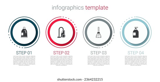Set Bottle for cleaning agent, Vacuum cleaner, Handle broom and Dishwashing liquid bottle. Business infographic template. Vector