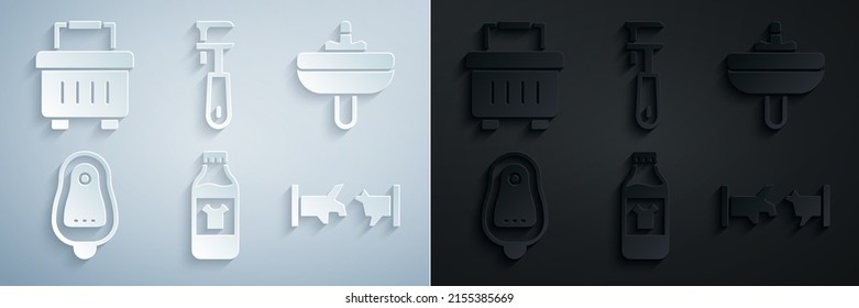Set Bottle for cleaning agent, Washbasin, Toilet urinal pissoir, Broken pipe, Pipe adjustable wrench and Toolbox icon. Vector