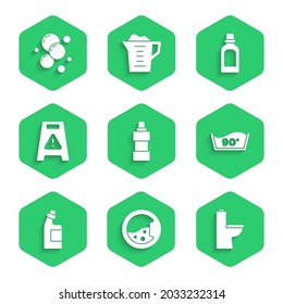 Set Bottle for cleaning agent, Washer, Toilet bowl, Temperature wash, Wet floor,  and Soap water bubbles icon. Vector
