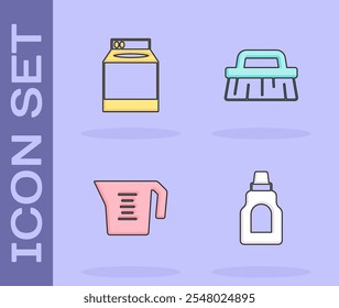 Set Bottle for cleaning agent, Washer, Measuring cup and Brush icon. Vector