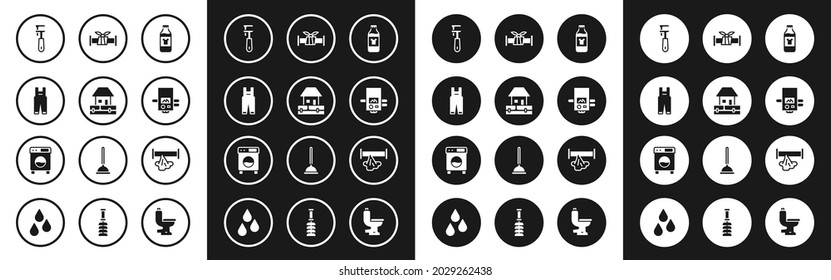Set Botella para agente de limpieza, tuberías de suministro de agua, overoles de trabajo, llave regulable de tubería, caldera de gas, metal industrial, icono de rotura y lavadora. Vector