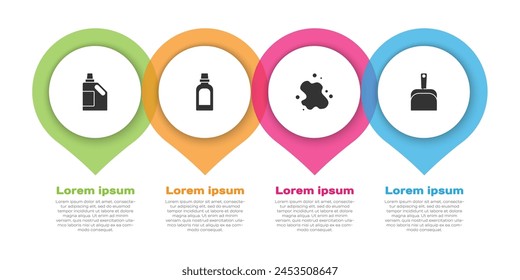Set Bottle for cleaning agent, , Water spill and Dustpan. Business infographic template. Vector