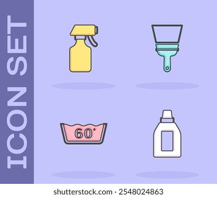 Set Bottle for cleaning agent, Water spray bottle, Temperature wash and Rubber cleaner windows icon. Vector