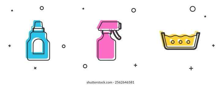 Set Bottle for cleaning agent, Water spray bottle and Temperature wash icon. Vector