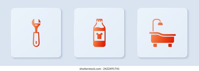 Set Bottle for cleaning agent, Wrench spanner and Bathtub. White square button. Vector