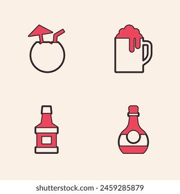 Set Bottle of cognac or brandy, Coconut cocktail, Wooden beer mug and Whiskey bottle icon. Vector