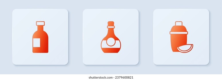 Set Botella de coñac o brandy, Vidka con botella de vidrio y agitador de cócteles con cal. Botón cuadrado blanco. Vector